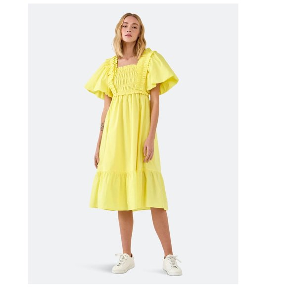 English Factory Ruffled Smocked 100% Cotton Midi Dress Yellow Puff Sleeve XS NWT - Picture 5 of 11